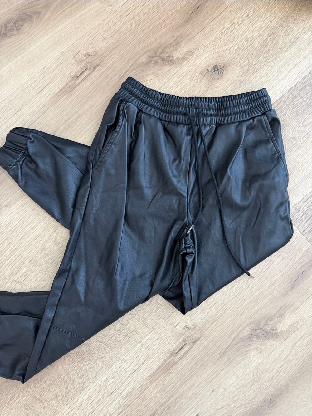 Women’s Bohme Black Faux Leather Jogger Pants - Casual Drawstring Waist